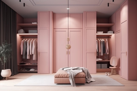 Interior of wardrobe in pink colors in modern house.の素材