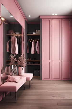 Interior of wardrobe in pink colors in modern house.の素材
