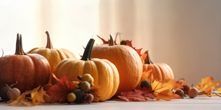 Festive autumn still life with pumpkins. Concept of autumn harvest, happy Thanksgiving day or Halloweenの素材