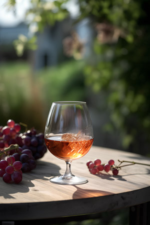 Cognac in the glass and grapes on the table outdoors on background of winery yardの素材