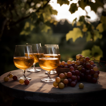 Cognac in the glasses and grapes on the table outdoors on background of winery yardの素材