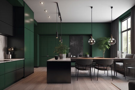 Kitchen interior in green colors in modern house.の素材