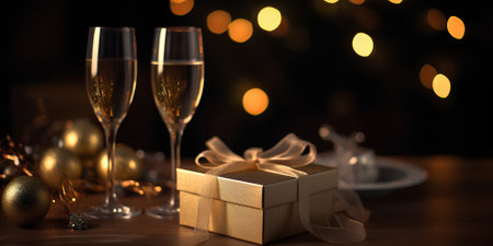 Christmas theme. Glasses of champagne. Gift boxes and Christmas tree on background with bokehの素材