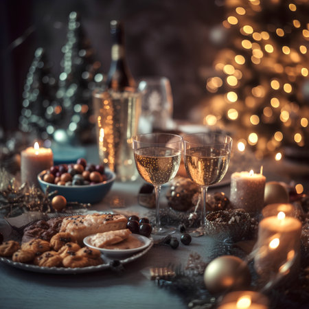 Christmas theme. Festively set table with glasses, champagne and snacks. Christmas tree with bokeh on backgroundの素材