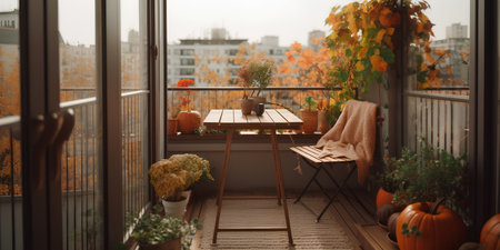 Beautiful decorated city terrace with table and decorative plants in autumnの素材