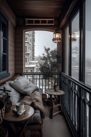 Cozy city terrace with table in winterの素材