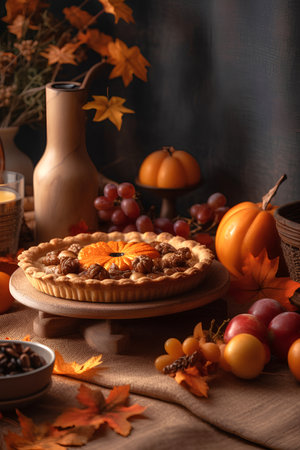 Traditional american pumpkin pie on festive table decorated for Thanksgiving Day. Concept thanksgiving table setting.の素材