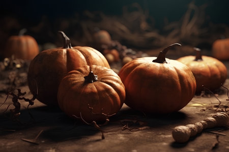 Festive autumn still life with pumpkins. Concept of autumn harvest, happy Thanksgiving day or Halloweenの素材