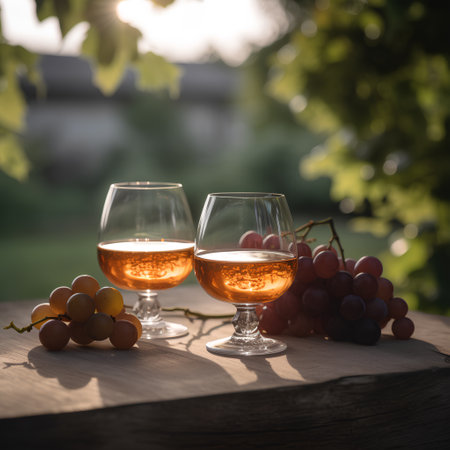 Cognac in the glasses and grapes on the table outdoors on background of winery yardの素材