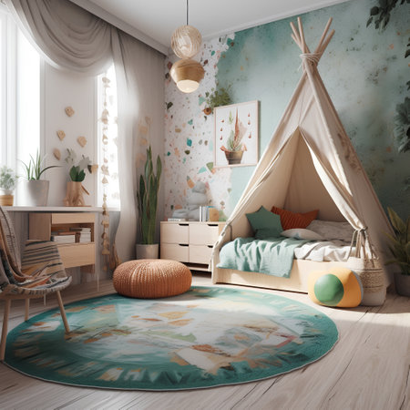 Interior of children room with a hut and round carpet on the floorの素材