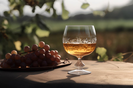Cognac in the glass and grapes on the table outdoors on background of winery yardの素材