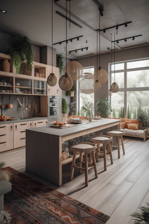 Eco style kitchen interior with wooden furniture and ethnic carpet on the floorの素材