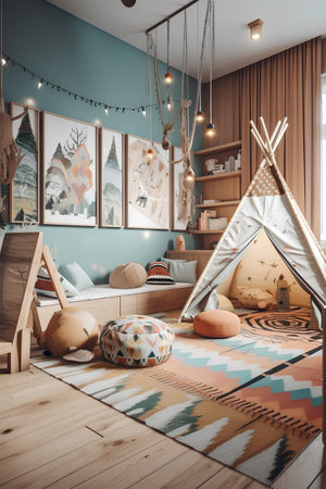 Interior of children room with ethnic carpet on the floor and a hutの素材