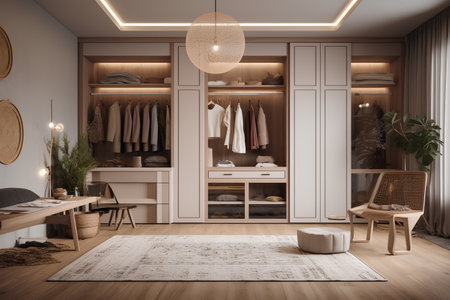 Stylish interior of wardrobe with open shelvesの素材