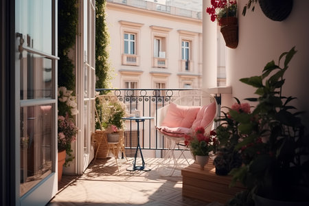 Beautiful decorated city terrace with table and decorative plantsの素材