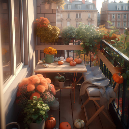 Beautiful decorated city balcony with table and decorative plants in autumnの素材