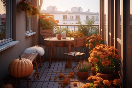 Beautiful decorated city terrace with table and decorative plants in autumnの素材