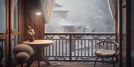 Cozy city terrace with table in winterの素材