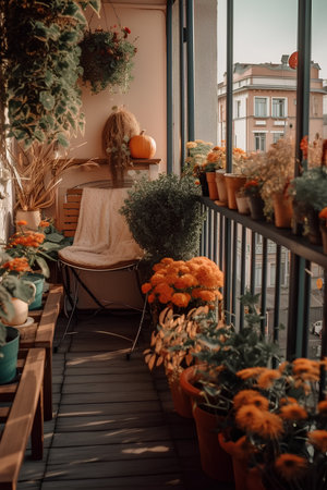 Beautiful decorated city terrace with table and decorative plants in autumnの素材