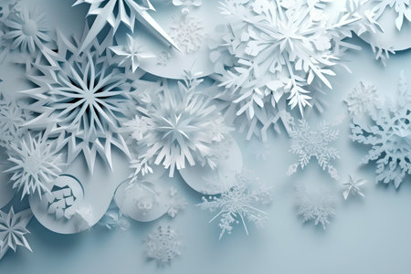 Winter background with snowflakes, paper cut style. Light blue backgroundの素材