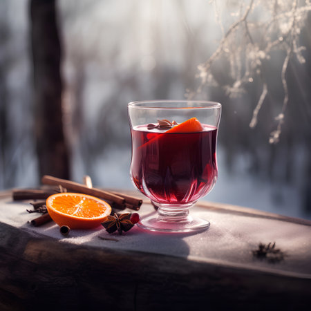 Transparent glass of mulled wine outdoorsの素材