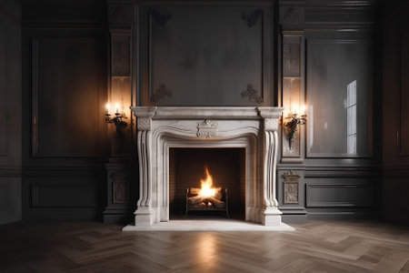 Front view of white fireplace in classic interior of living room with gray walls with panelsの素材