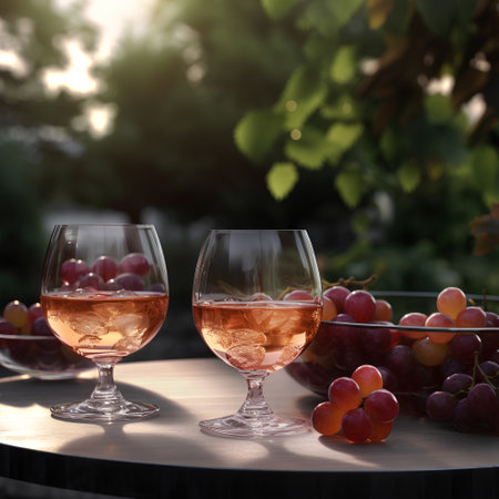 Wine in the glasses and grapes on the table outdoors on background of winery yardの素材