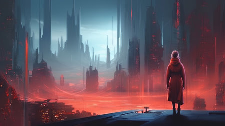 Young woman standingon background of cyberpunk city. Lonely futurstic environment, huge buildings, neon lighting. Dystopic urban wallpaper.の素材