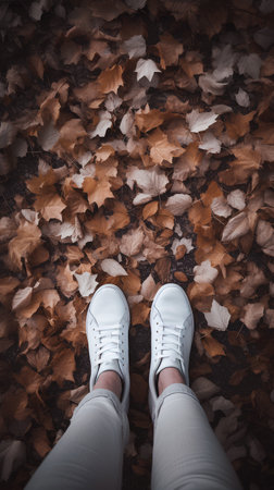 Overhead view of female feet wearing white sneakers standing on yellow leaves in autumn.の素材