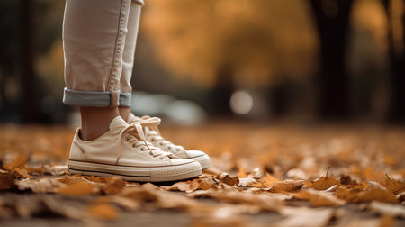 Bottom view of female feet wearing white sneakers standing on yellow leaves in autumn. Space for textの素材