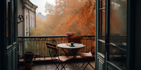 Beautiful city terrace with small table and chairs in autumnの素材