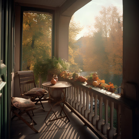 Beautiful decorated city terrace with small round table and chairsの素材