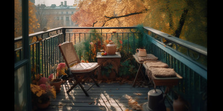 Beautiful cozy city terrace with table and chair in autumnの素材