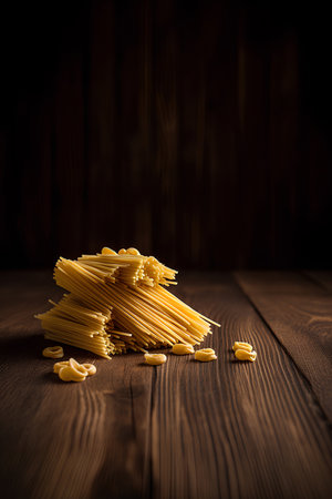 Raw pasta on wooden background with copy spaceの素材
