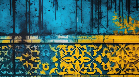 Abstract yellow and blue paint background. Floral stencil texture patternの素材