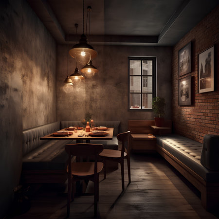 Cozy wooden interior of restaurant. Comfortable modern dining place.の素材