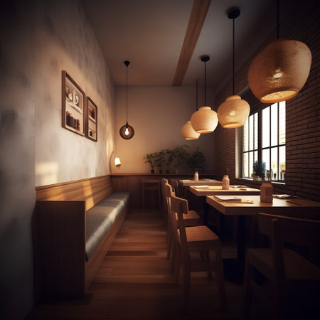Cozy wooden interior of restaurant. Comfortable modern dining place backgroundの素材
