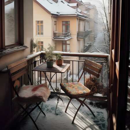 Small cozy city terrace with table and chairs in winterの素材