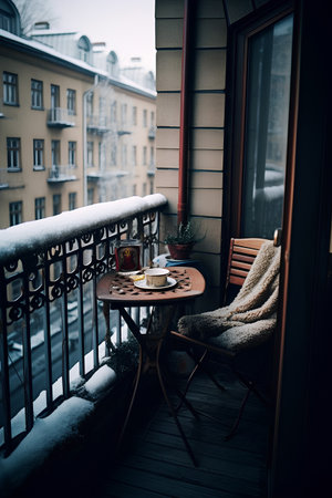 Cozy city terrace with table in winterの素材