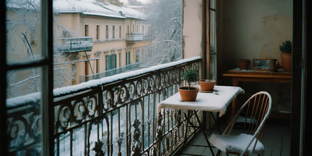 Cozy city terrace with small table and chsir and forged railings in winterの素材