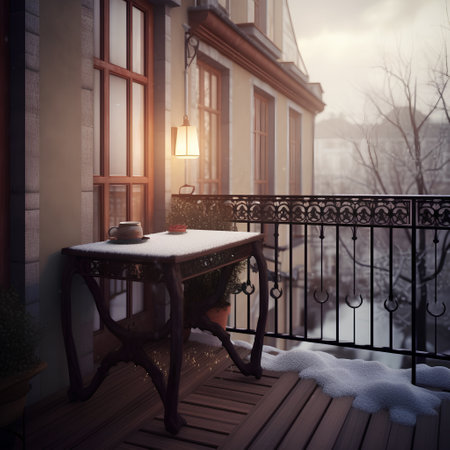 Cozy city terrace with table in winter eveningの素材