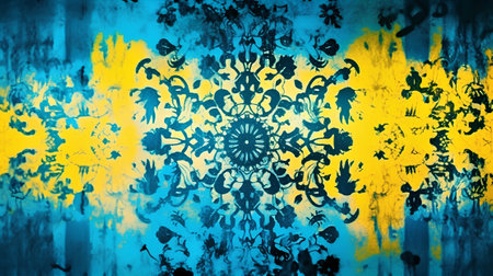 Abstract yellow and blue paint background. Floral stencil texture patternの素材