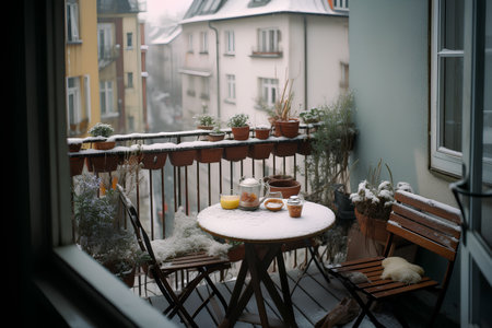 Cozy city terrace with round table and wooden chairs in winterの素材