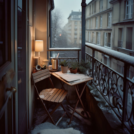 Cozy city terrace with wooden table and chair in winter eveningの素材