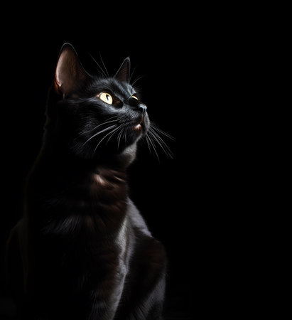 Portrait of black cat looking up on a black background with copy spaceの素材