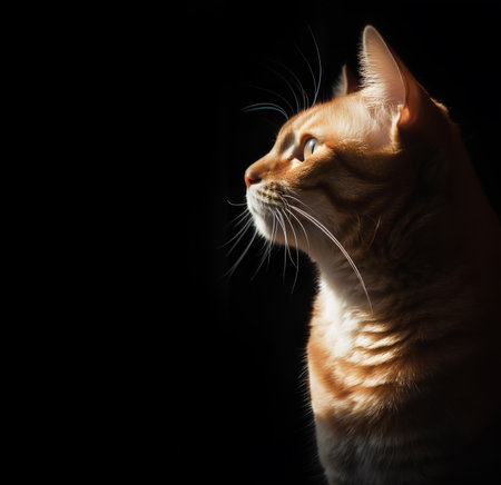 Portrait of red stripped cat on a black background with copy spaceの素材
