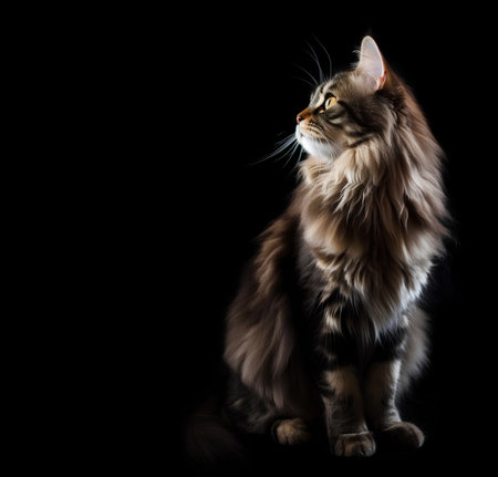 Close-up of fluffy cat looking up on a black background with copy spaceの素材