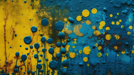 Abstract yellow and blue paint background. Floral stencil texture patternの素材
