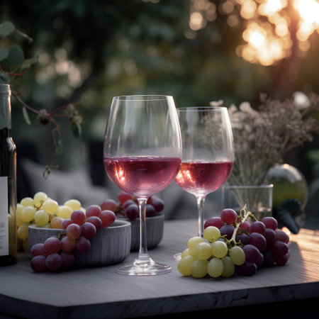 Two glasses of pink wine on the table with fresh grapes served outdoors on blurred vineyard backgroundの素材