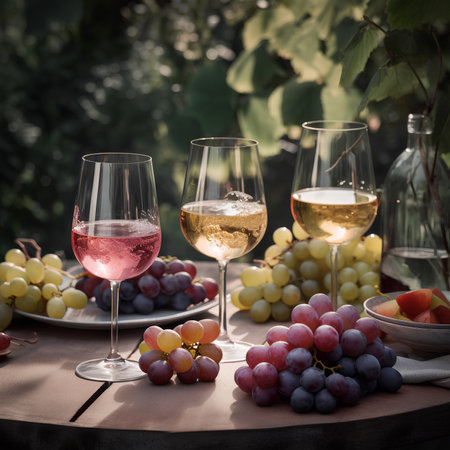 Glasses of various types of wine and grapes served outdoors on the table on blurred vineyard background. Wine degustation conceptの素材